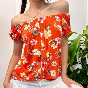 💙Orange Floral Off Shoulder Top Size Small